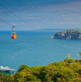 Cable cars in Llandudno with Little Orme in background